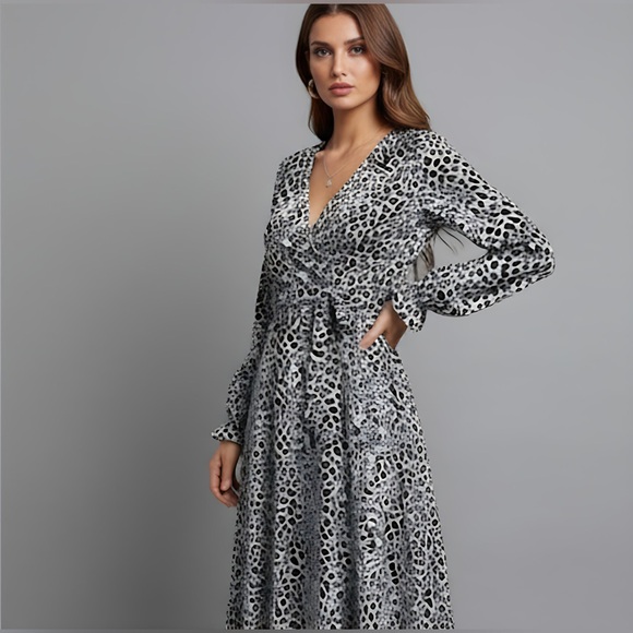 Black And White Animal Print Flounce Sleeve Belted Dress - Picture 7 of 10